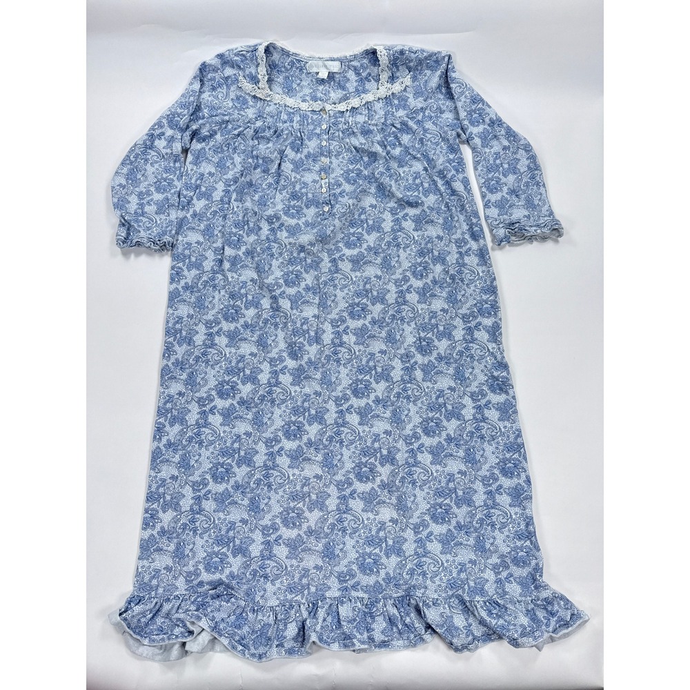 Eileen West Womens Nightgown S Blue Floral Paisley Cotton Lace Ruffle Cottage